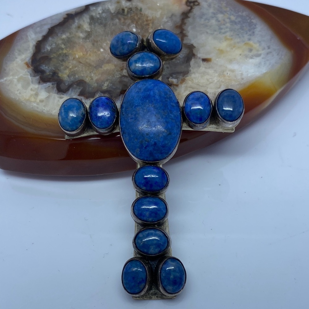 large lapis lazuli sterling silver cross pendant by Nakai Native American made